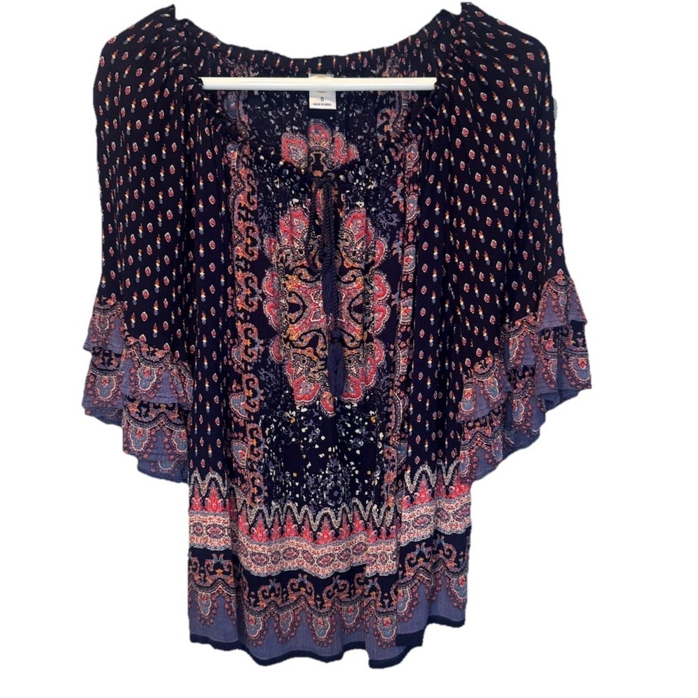 Billa Colorful Paisley Print Ruffle Sleeve Tassel Womens Boho Peasant Top S